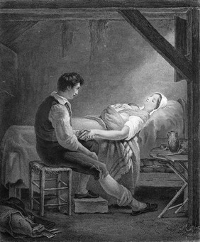 A poor woman in childbirth being watched by her husband. Engraving by J.-J. Frilley, 1827, after Ary Scheffer.