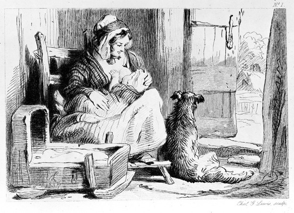 A mother breastfeeding her child in a cottage while her dog sits at her feet. Etching by C. Lewis after E. H. Landseer.