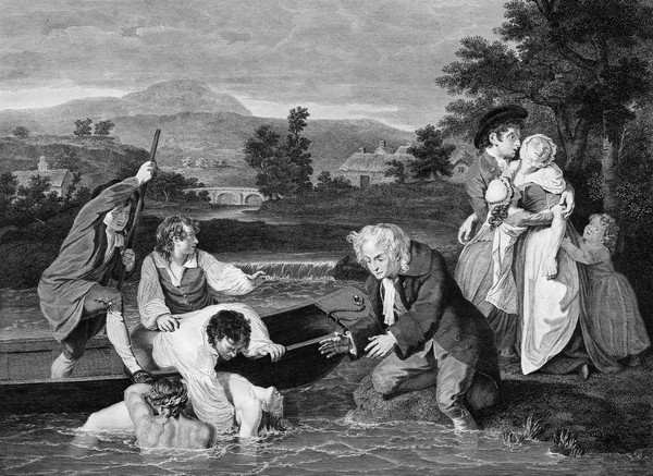 A man being brought in by boat apparently drowned, his wife and family grieve on the shore. Engraving by R. Pollard, 1787, after R. Smirke.