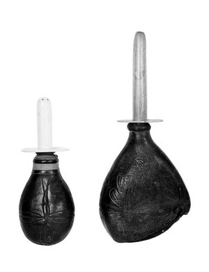 view Syringes with bulbs of natural rubber. These bulbs were made from rubber bottles made by the Indians of S. America and imported to Europe at the end of 18th or beginning of 19th century.