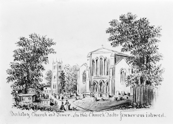 Berkeley Church where Edward Jenner is buried. Line and wash.