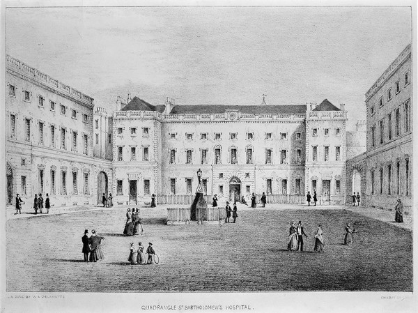 St Bartholomew's Hospital: the Gibbs courtyard with many people standing around. Coloured zincograph by W. A. Delamotte, 1844.