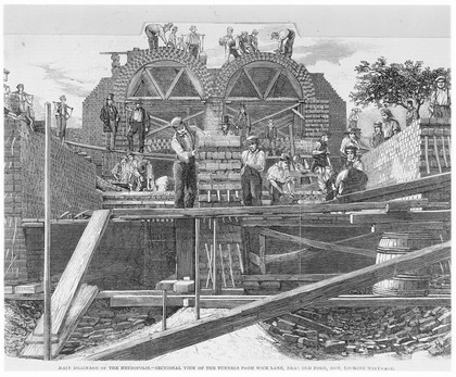 The construction of the great sewage tunnels, near Old Ford, Bow. Wood engraving, 1859, after F. Thompson.