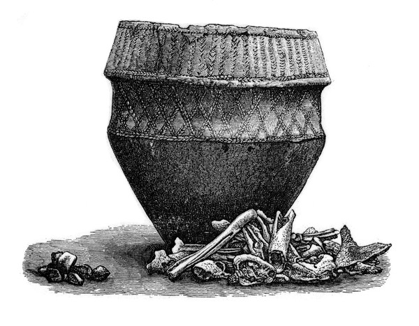 M0011786: Reproduction of an illustration depicting a cinerary urn and remains of charred bones found in Seamill, Ayreshire, Scotland from a publication