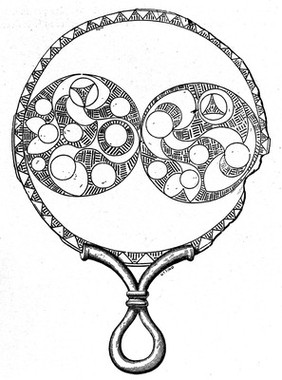 M0011809: Reproduction of a book illustration of a bronze toilet mirror from the Iron Age