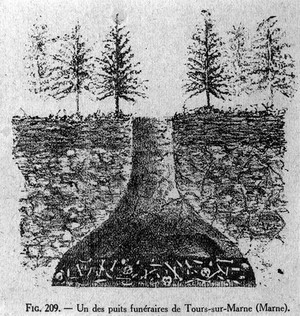 view Pit burial shown in section, Cumieres (Meuse), France. Neolithic people, having worked out a flint-mine, used the excavation as a grave.