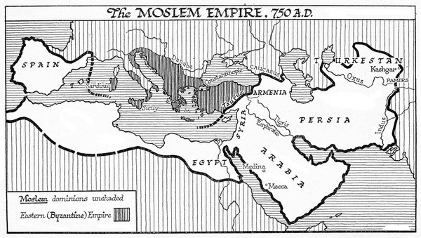 Map showing the Moslem EMpire - 750 AD.