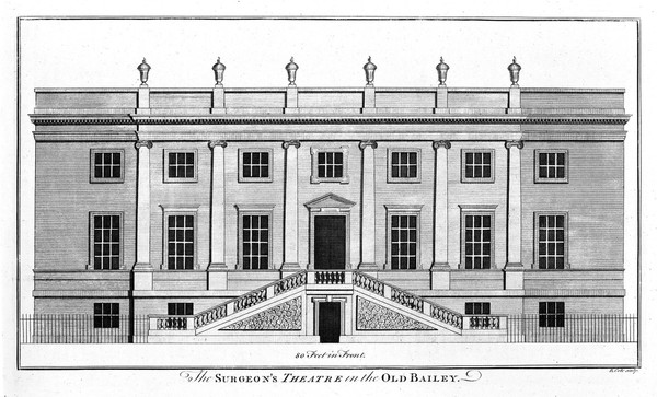 Surgeons' Hall, Old Bailey, London, the facade. Engraving by B. Cole, 1756.