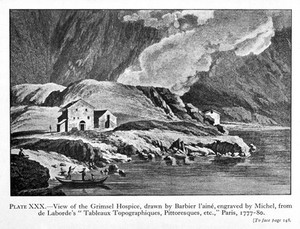 view View of the Grimsel Hospice, engraving.