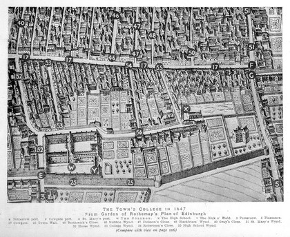 Plan of Edinburgh showing the Town's College, marled W, 1647.