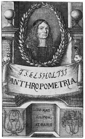 M0012095: Reproduction of the frontispiece from Johann Sigismund Elsholtz's Anthropometria, sive de mutua membrorum corporis humani proportione, et naevorum harmonia libellus, 1663