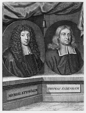 Thomas Sydenham and M. Ettmüller. Line engraving by J.G. Mentzel, 1735, after Mary Beale, 1672.