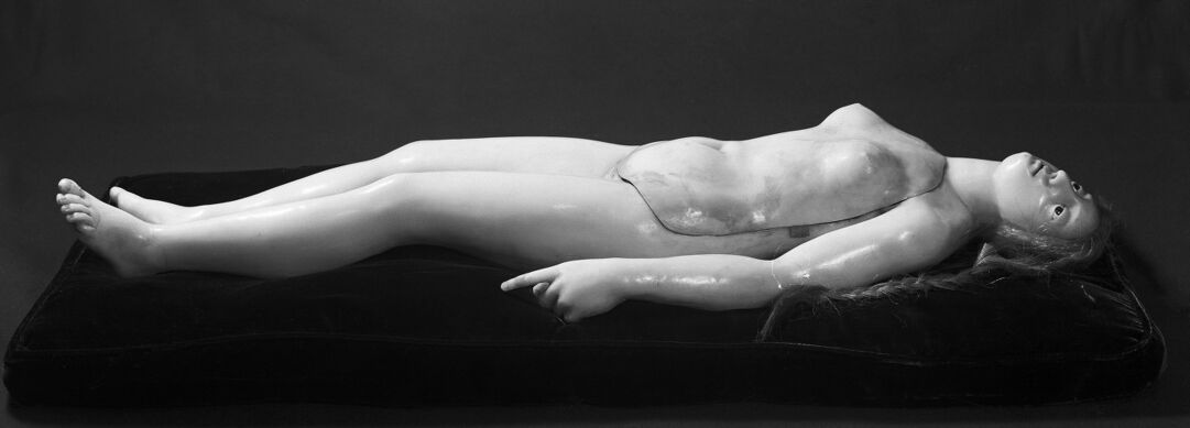 French female figure modelled in wax, with various parts movemable to reveal the structure beneath, complete figure photographed to show first movable parts