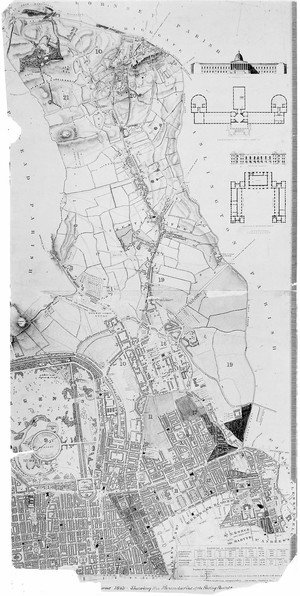 view Map of St. Pancras in 1833 showing Parish Boundaries. From a map in the possession of the Town Clerk's Department, Town Hall, St. Pancras.