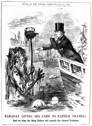 view Caricature: Faraday giving his card to Father Thames. 'And we hope the Dirty Fellow will consult the learned Professor.'