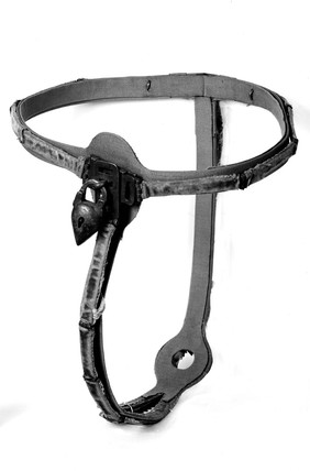 Chastity belt, complete with waistbelt and padlock. Covered with velvet and mounted on a modern lining.