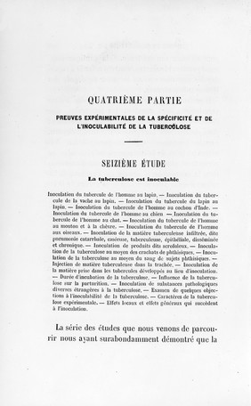 Études sur la tuberculose : preuves rationnelles et expérimentales de sa spécificité et de son inoculabilité / par J.- A. Villemin.