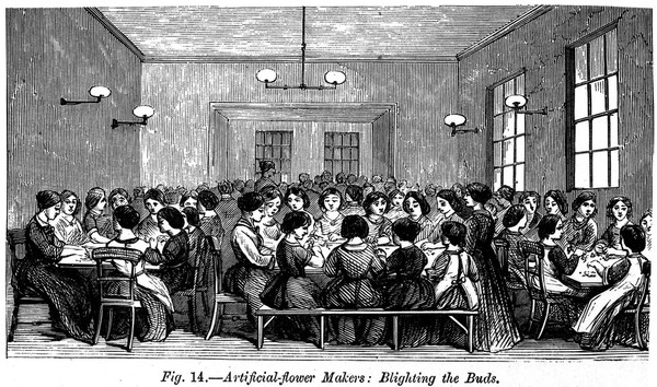 An overcrowded artificial flower maker's workshop, Oxfor Street. The room, less than ten feet square, contained twenty young women at work.