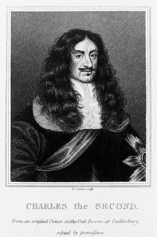 Black and white portrait of Charles II with a straight mustache and long, luscious locks.