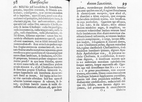 Charisma sive donum sanationis. Seu explicatio totius quaestionis de mirabilitum sanitatum gratia, in qua praecipue agitur de solenni et sacra curatione strumae, cui reges Angliae rite inaugurati, divinitus medicati sunt, et quam serenissima Elizabetha, Angliae, Franciae, & Hiberniae regina, ex caelesti gratia sibi concessa, applicatione manuum suarum, et contactu morbidarum partium, non sine religiosis ceremoniis, & precibus, cum admirabili & faelici successu indies sanat / [William Tooker].