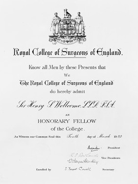 Honours awarded to Sir H. Wellcome