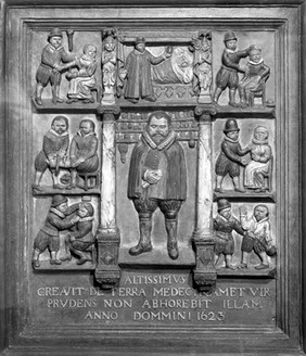 Dorset apothecary's signboard with seven scenes of medical/surgical practice; English. Facsimile in Wellcome Museum.