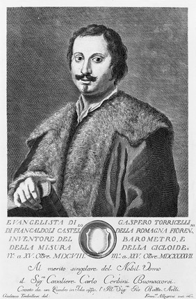 Evangelista Torricelli. Line engraving by F. Allegrini, 1760, after G. Traballesi.