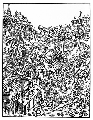 M0013230: Illustration of a bathing scene at a court of love.