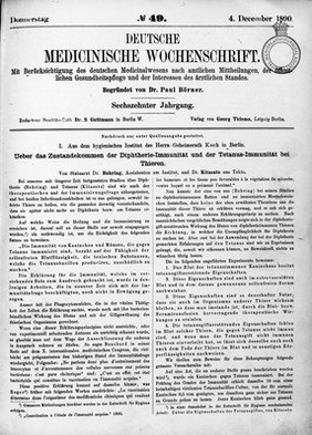 The announcement of the discovery of antitoxins.