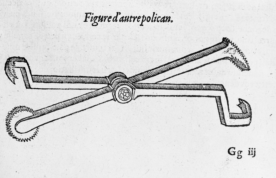 M0013406: Illustration of a double-ended pelican dental instrument