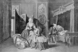 view Dutch lying-in room, child being fed with pap, by Troost.