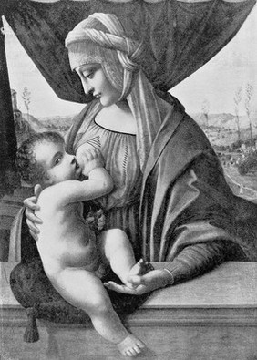Madonna and child shwoing breast feeding by De' Conti.