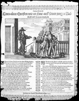 A man watches as a woman steals money from an old man who is embracing her. Engraving by P. Fürst, 1652.