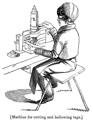 M0013541: Illustration of a child using a machine for cutting and hollowing tags
