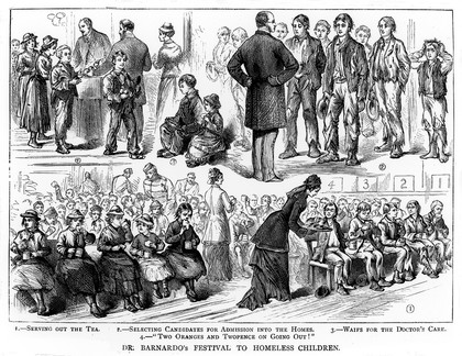 M0013545: Illustration of scenes from Dr Bernardo's annual tea party, 1879