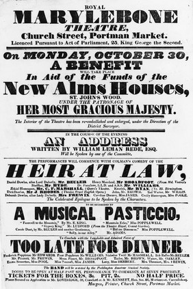 Almshouses in St. John's Wood Marylebone. Poster advertising an entertainment to be given to raise funds on 30th October, 1837.