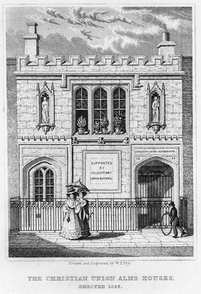 The Christian Union Almhouses at St. Marylebone. Opened in 1832. Drawn and engraved.