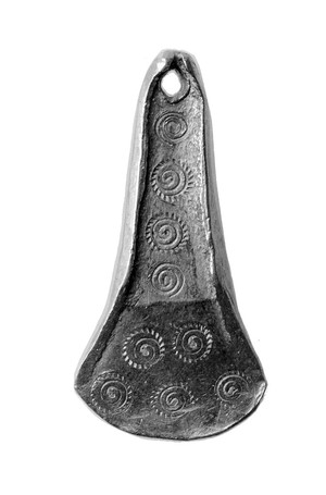 view Miniature in gold of Broze Age ornamented flanged axe.