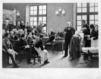 Jean-Martin Charcot demonstrating hysteria in a hypnotised patient at the Salpêtrière. Etching by A. Lurat, 1888, after P.A.A. Brouillet, 1887.