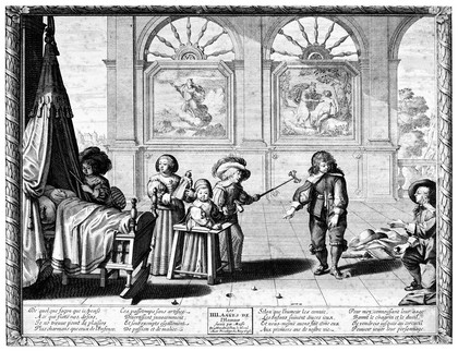 Children playing with various toys, in the background are paintings of the Creation and the creation of Adam. Engraving by A. Bosse, 1636.