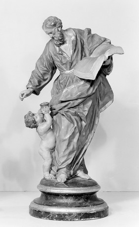 M0014079: Statue of an unidentified saint and a child or cherub / M0014080: Statue of Saint Nicholas of Bari