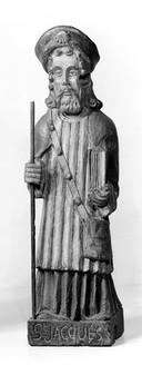 Saint James, Apostle. Represented as apilgrim with scrip and scallop shells on his hat.