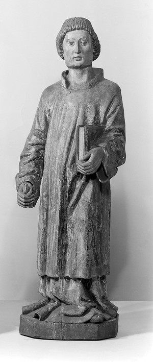 view Statue of Saint Cyriaque. Represented with a dragon under his feet or holding it bridled.