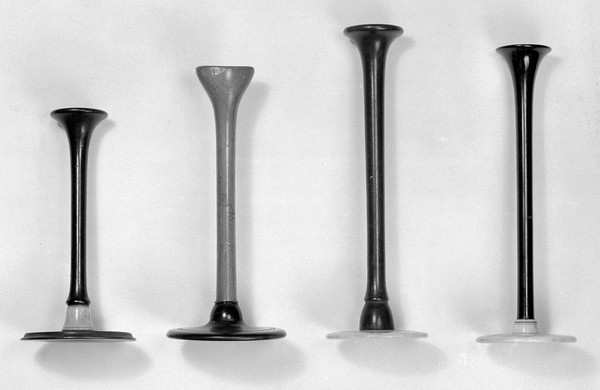 Stethoscope. A- Possibly Hare's, cf. Down, 1906. B- Possibly Baron's cf. Maw& Thompson, 1882. C and D- are both of the Fergusson or Stoke's type, cf. Krohne & Sesemann, 1779, p. 108.