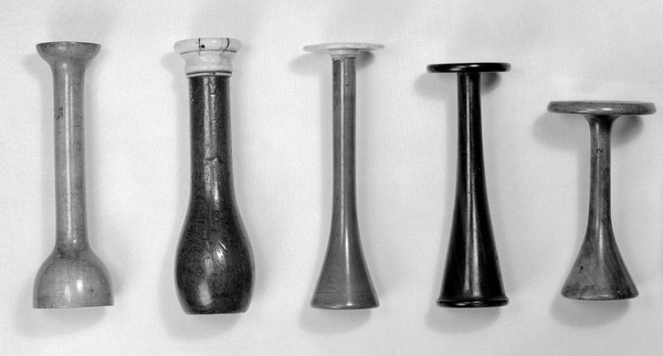 5 Stethoscopes. A- very small, B and C- obtained from Italy. D- bell shaped. E- not unlike a french type.