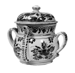 view Posset pot, delftware, Bristol, early 18th C.