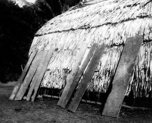 view Airing the beds, Bougainville, Solomon Islands. The broad planks serve as beds with short lengths of bamboo as pillows.