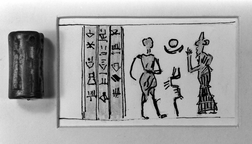 M0014665: Cylinder seal and sketch depicting Nergal, Mesopotamian God of plague and pestilence, c.1800 B.C.