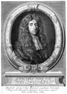 Sir Edmund King. Line engraving by R. White, 1684, after Sir G. Kneller.