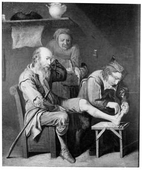 A surgeon operating on a man's foot. Oil painting after David III Ryckaert.